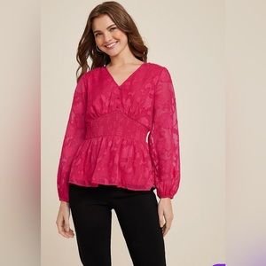 Pink Floral Jacquard Button Front Peplum Blouse, VARIOUS SIZES